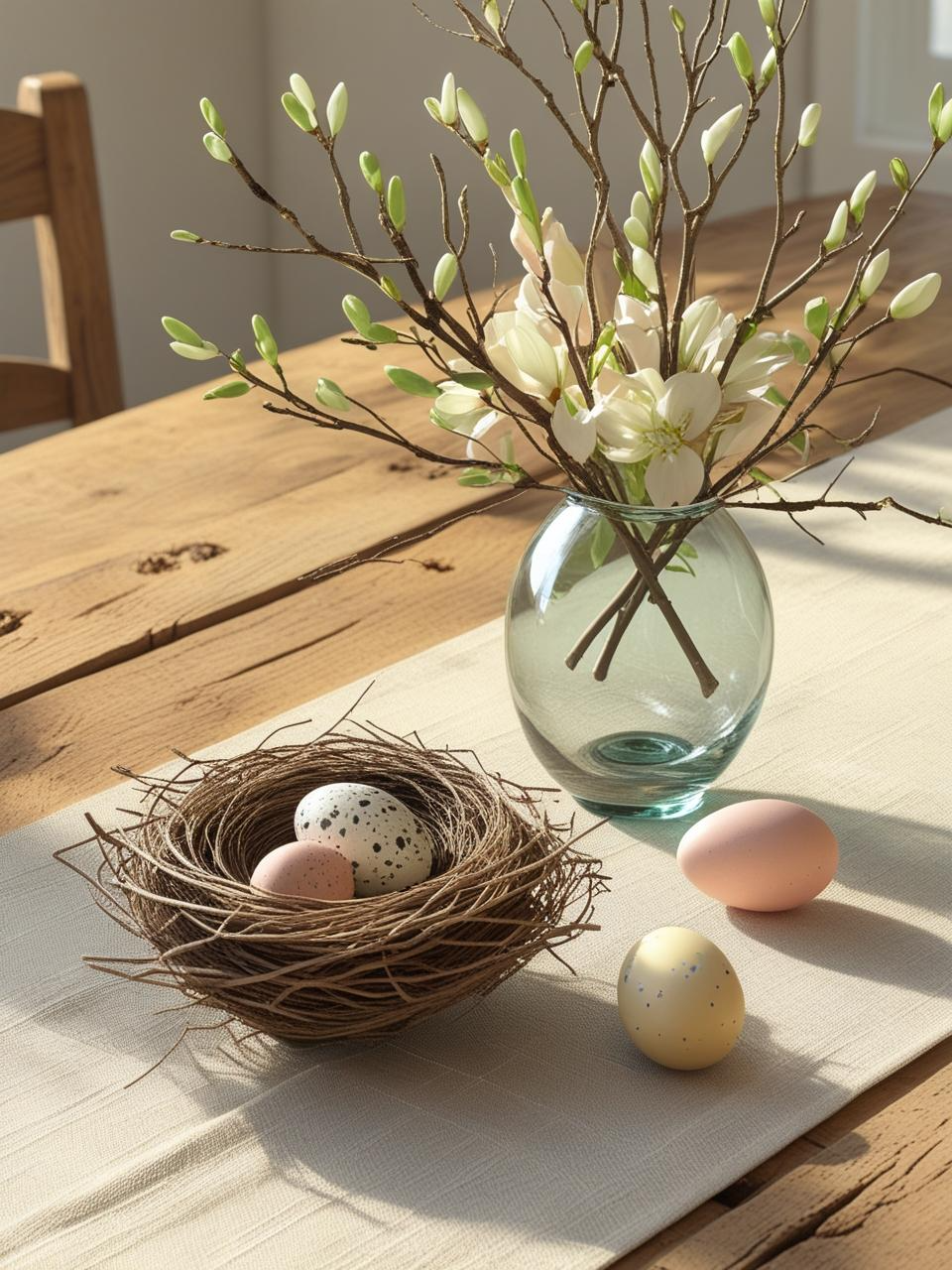 Stunning Easter centerpiece ideas with a small nest, real eggs, and budding branches for a subtle and natural spring table look
