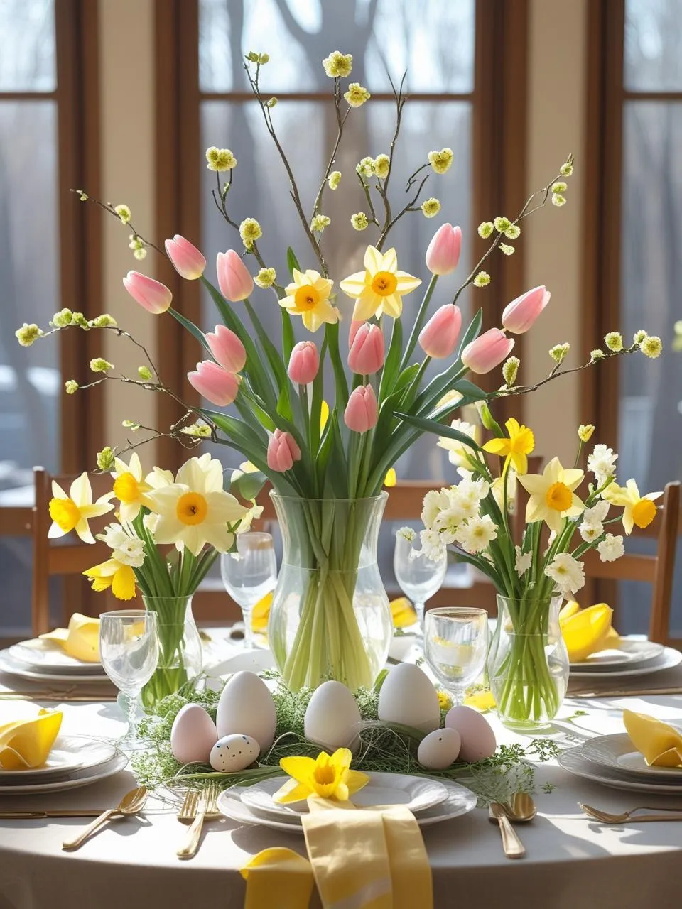Stunning Easter centerpiece ideas with an off-center large floral display balanced by smaller spring accents for a relaxed table look