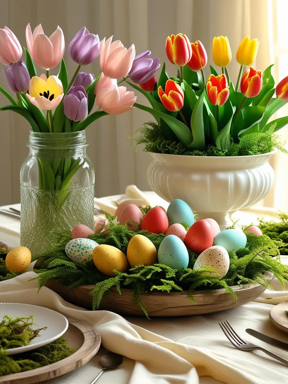 Stunning Easter centerpiece ideas with glass jar, ceramic bowl, and rustic wooden tray filled with spring flowers and decorative eggs