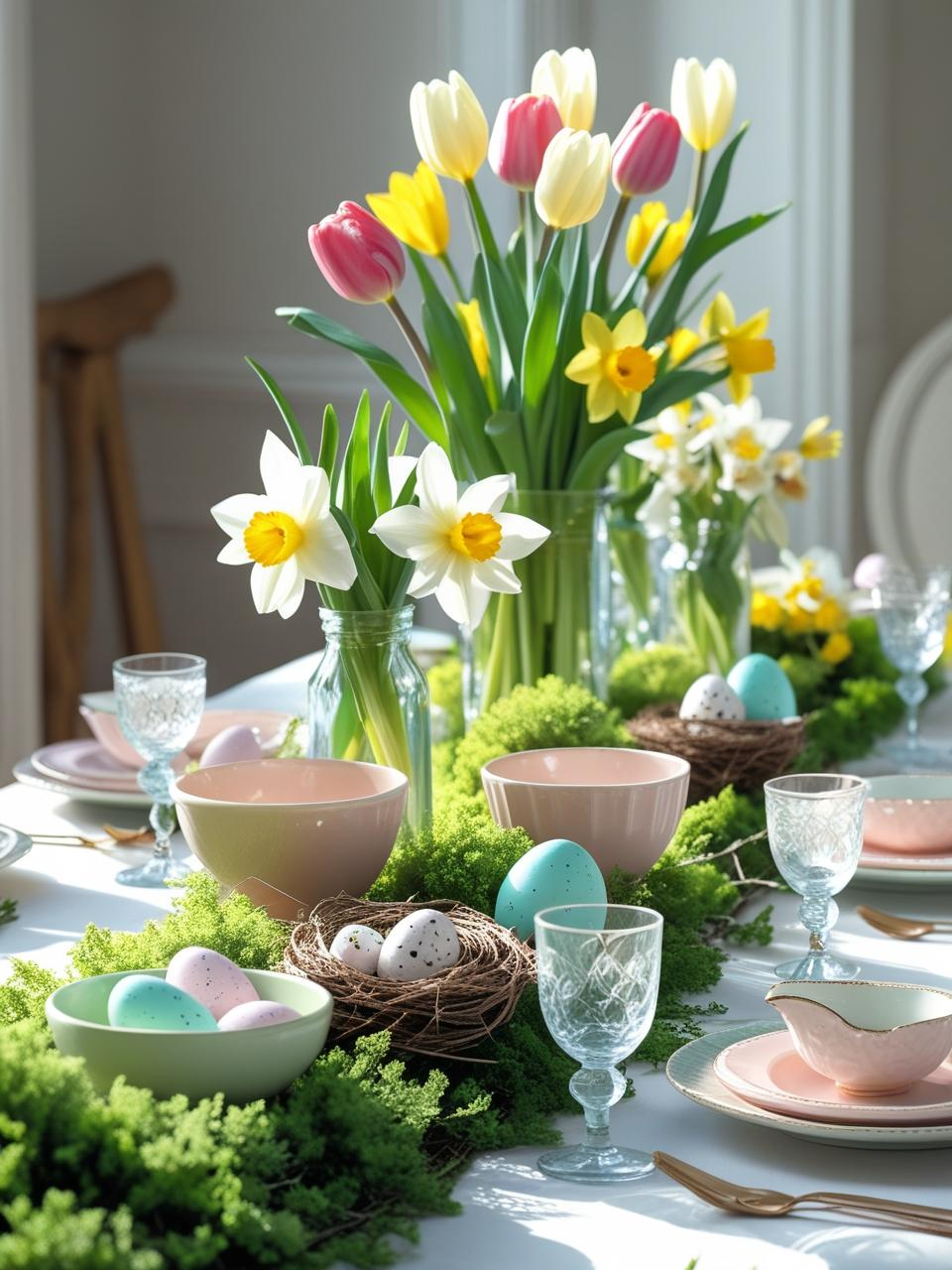 Stunning Easter centerpiece ideas with layered greenery, medium vases, and tall focal flowers for depth