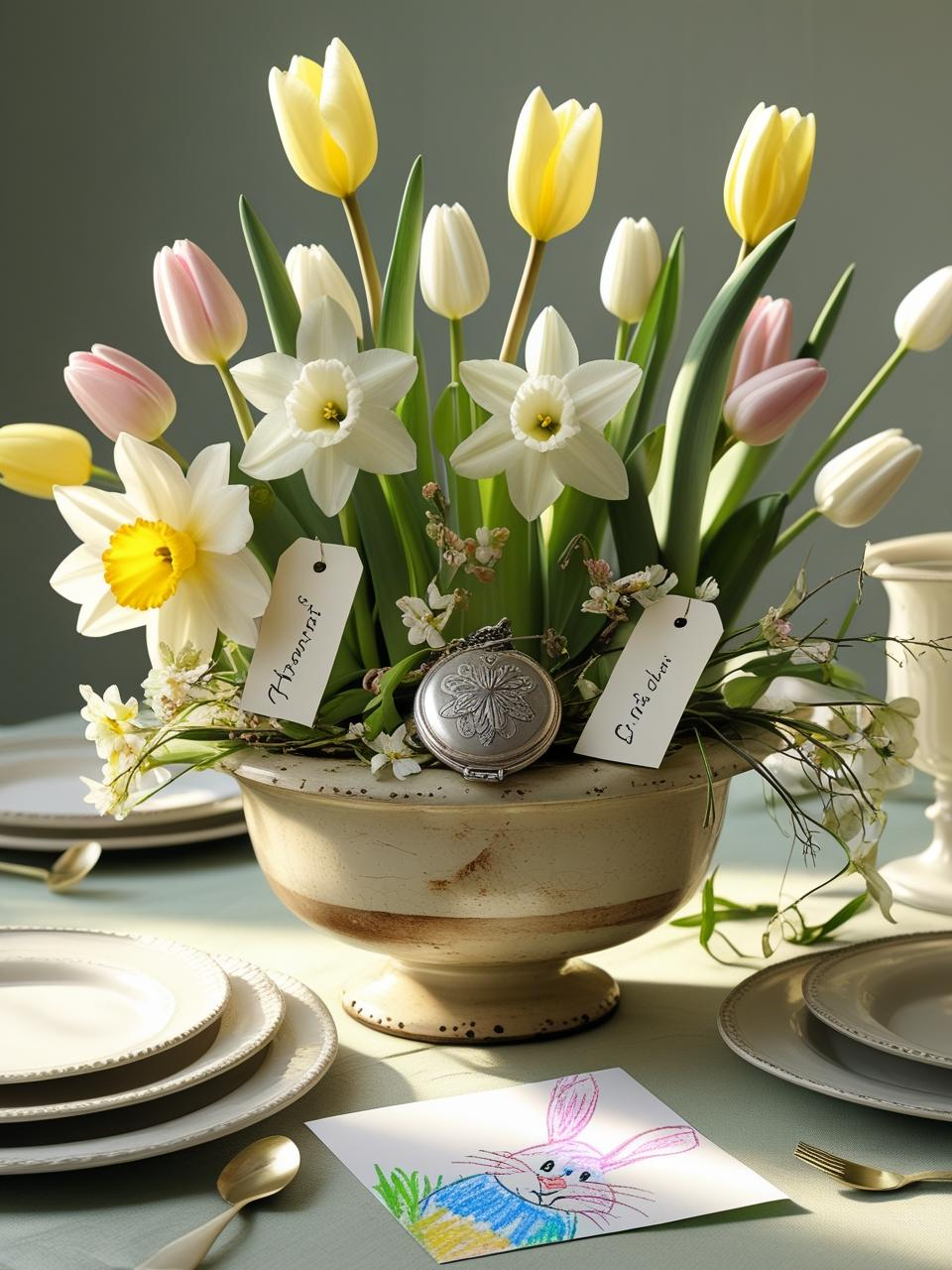 Stunning Easter centerpiece ideas with personal touches like handwritten tags, heirlooms, and a child’s drawing for a heartfelt table