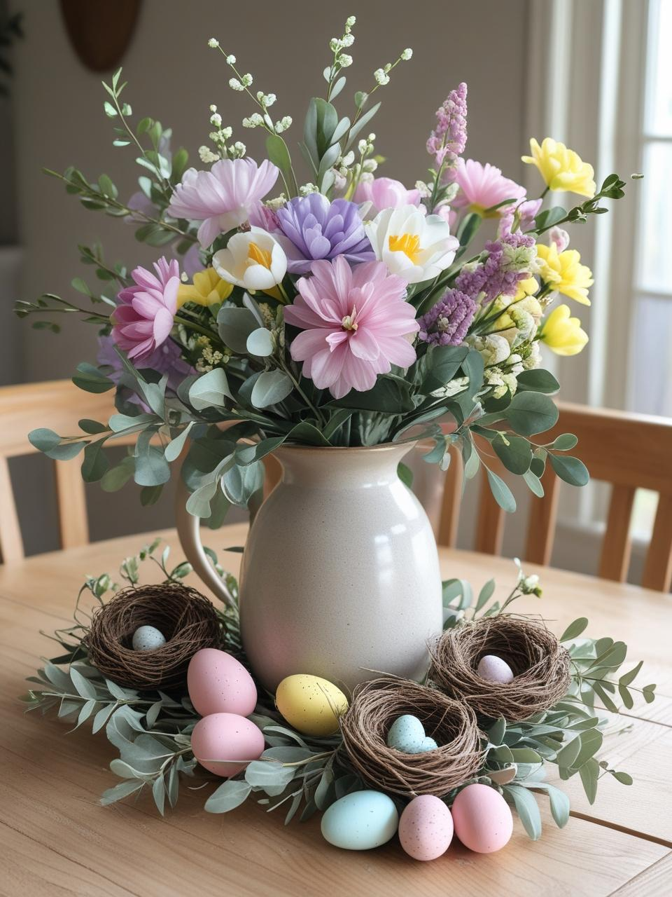 Stunning Easter centerpiece ideas with reusable neutral vase, faux greenery, and seasonal accents for budget-friendly design