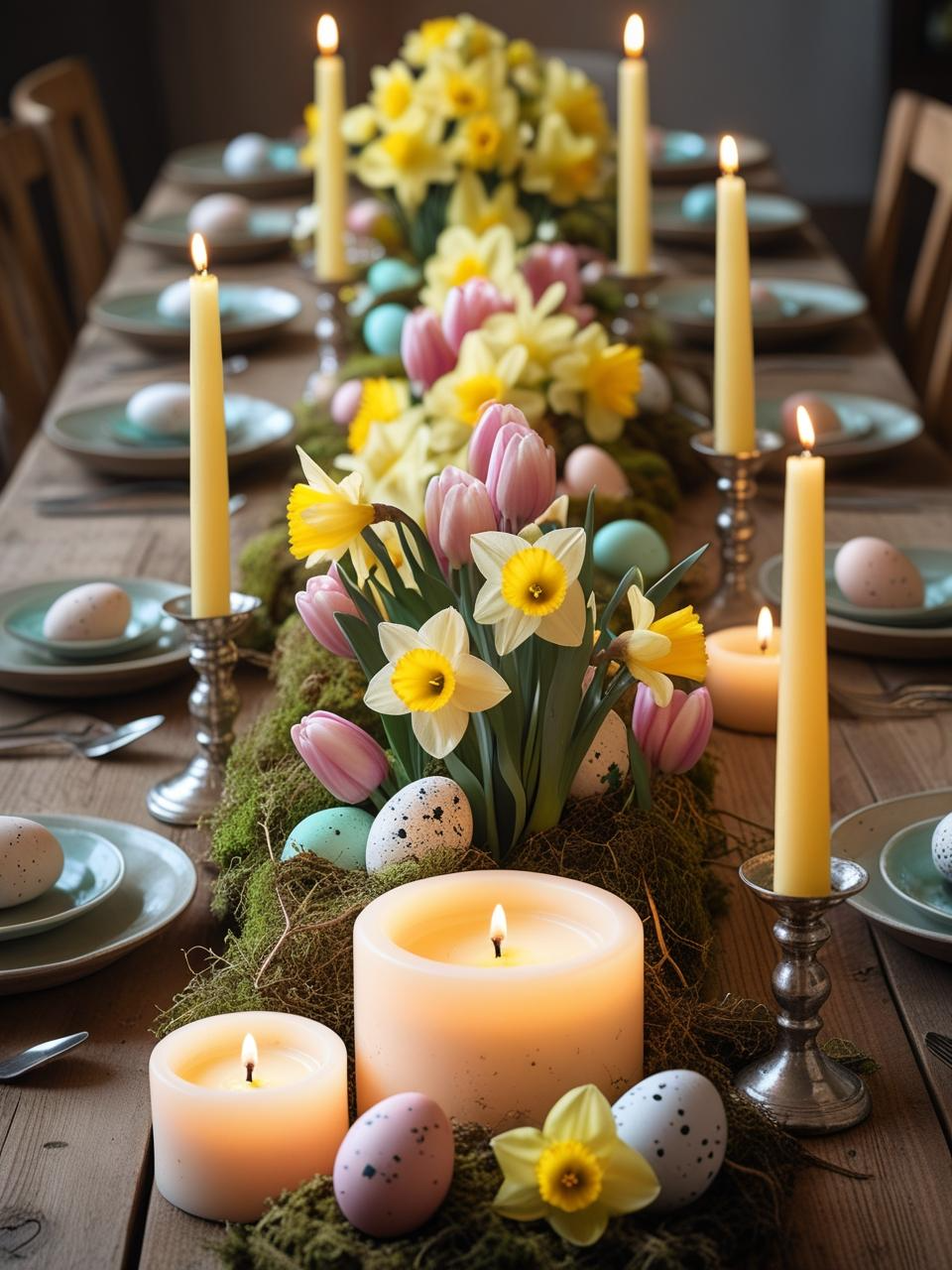 Stunning Easter centerpiece ideas with soft candlelight, spring flowers, and safe, unscented candles for a warm glow