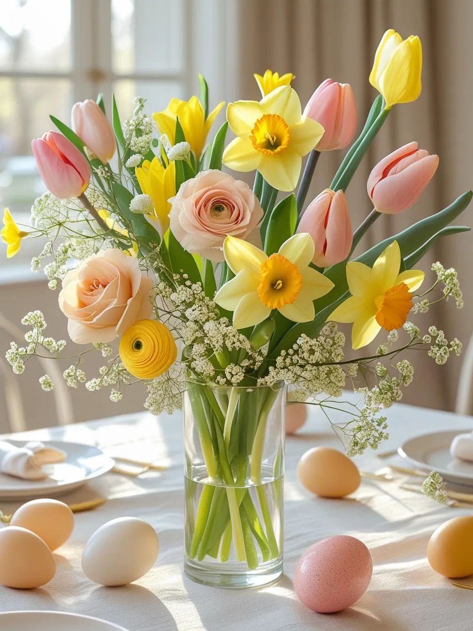 Stunning Easter centerpiece ideas with tulips, daffodils, spray roses, and ranunculus arranged for balanced color, shape, and longevity