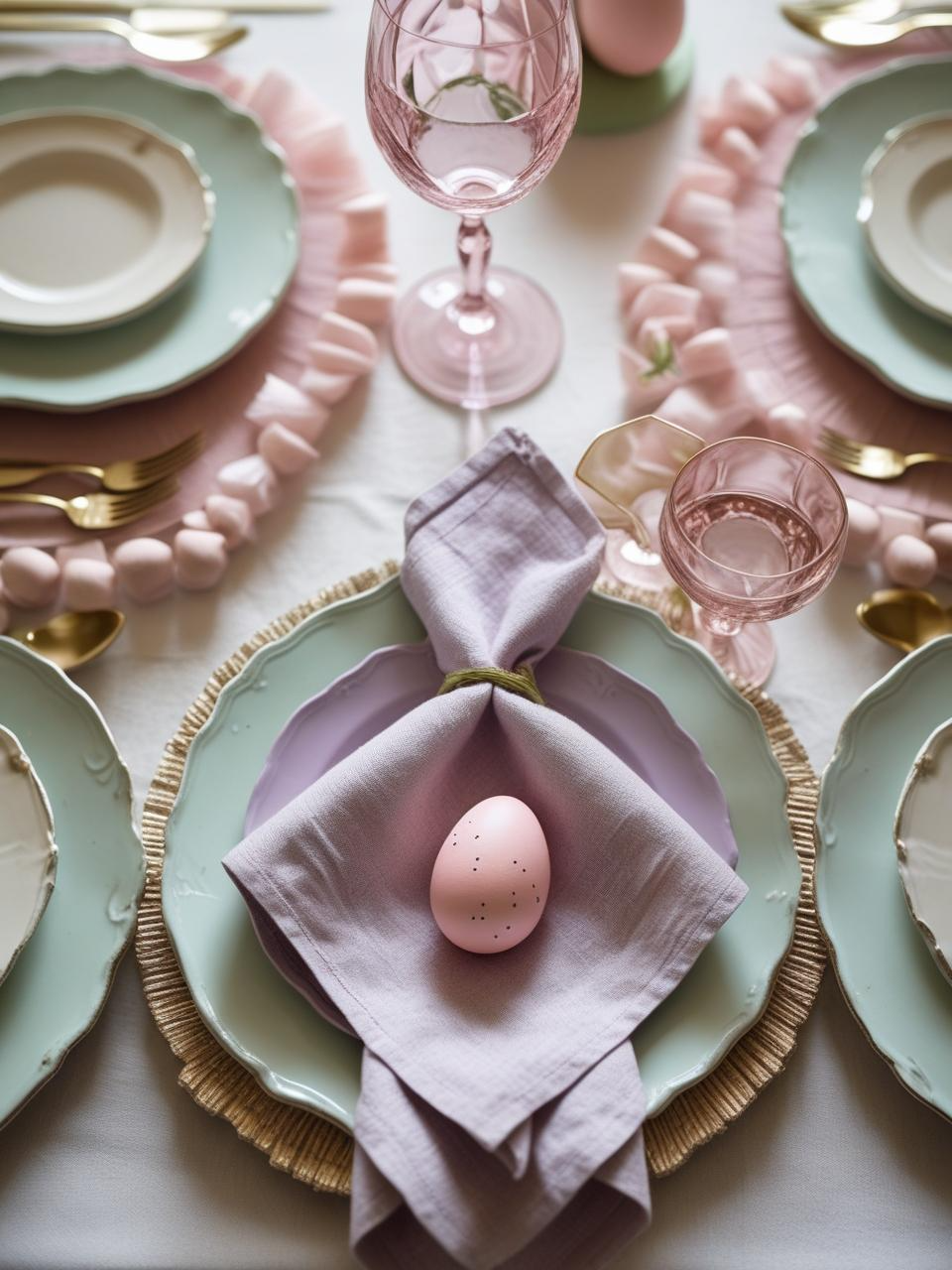 Styled Easter table with pastel colors, neat place settings, and folded napkin with egg for photo-ready decor.
