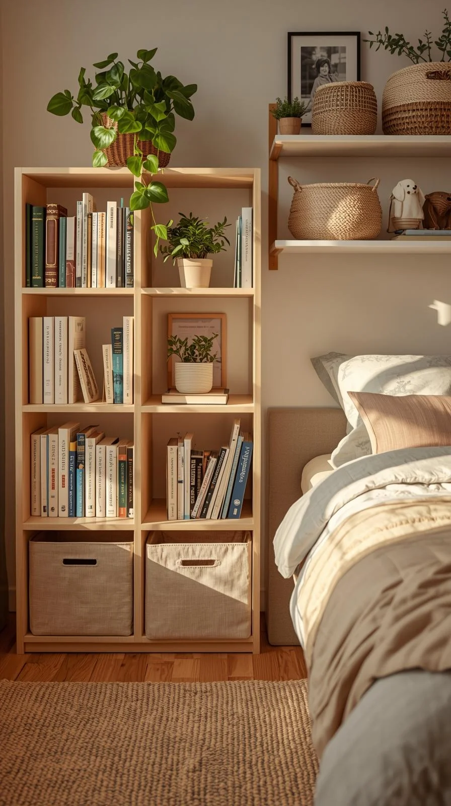 College dorm room decor ideas with cube shelves, fabric bins, and woven baskets for stylish storage.