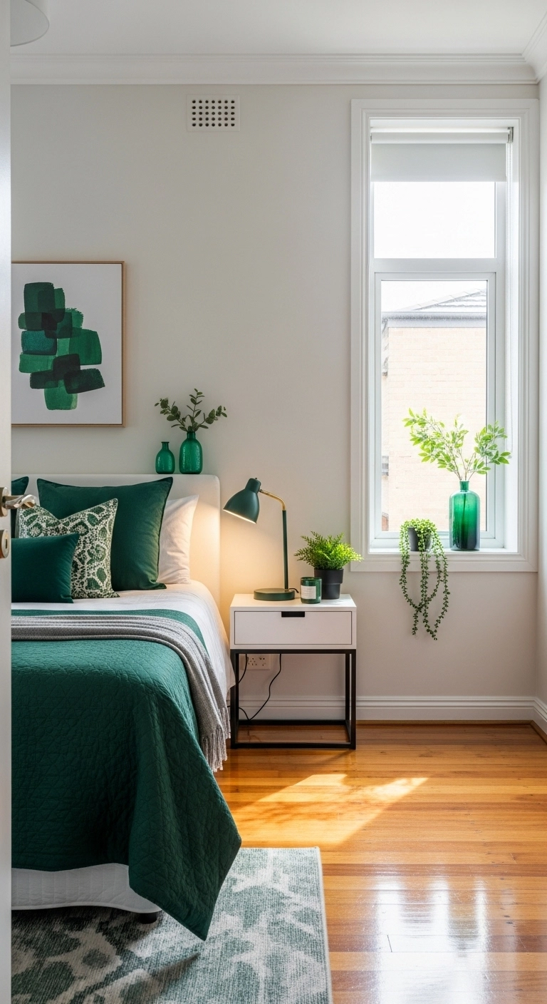 Elegant bedroom with subtle emerald green decor including vases, lamps, planters, and a small emerald green art piece.