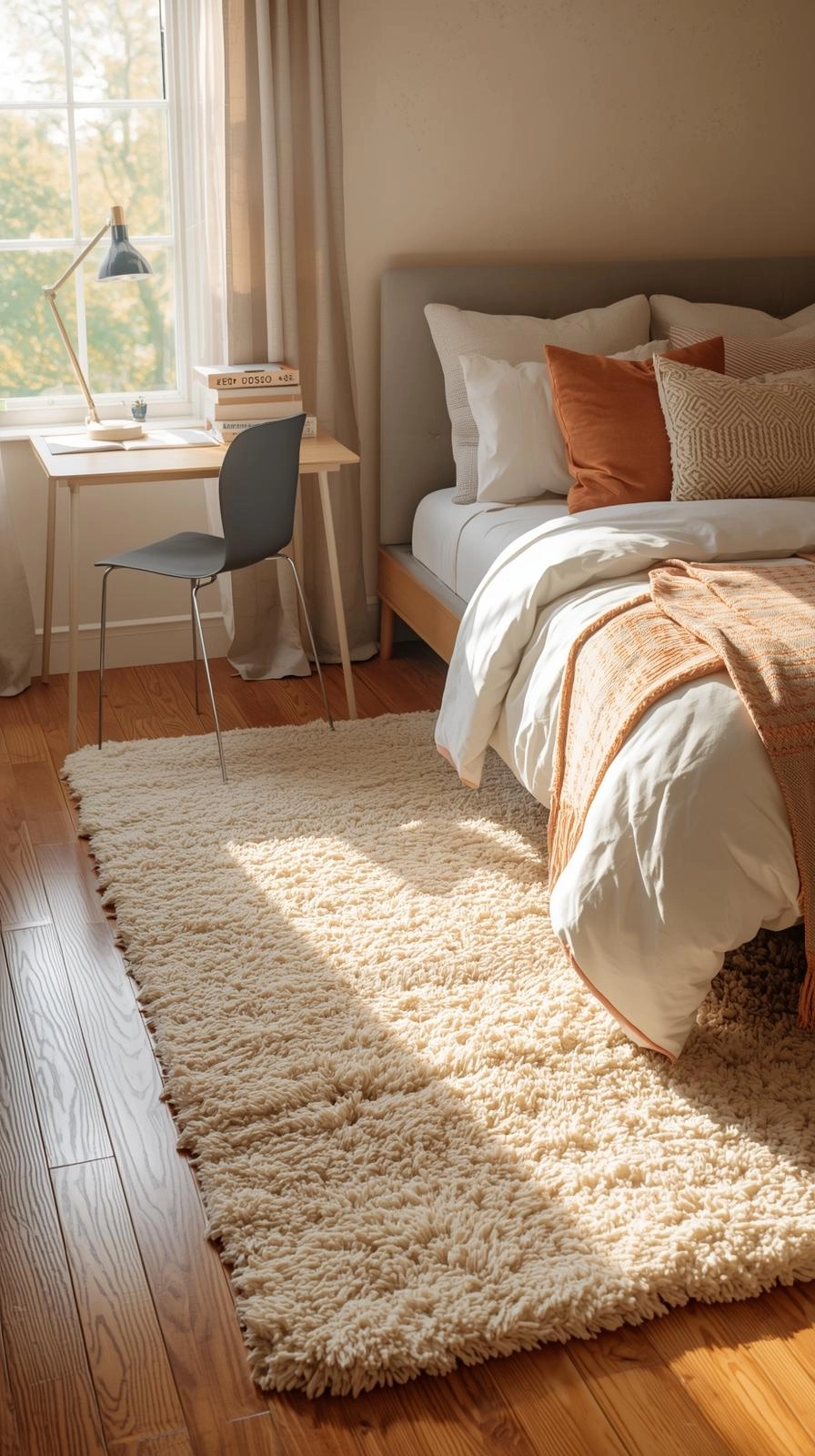 Teen bedroom design with a soft rug beside the bed and study corner, adding comfort and warmth to the space.