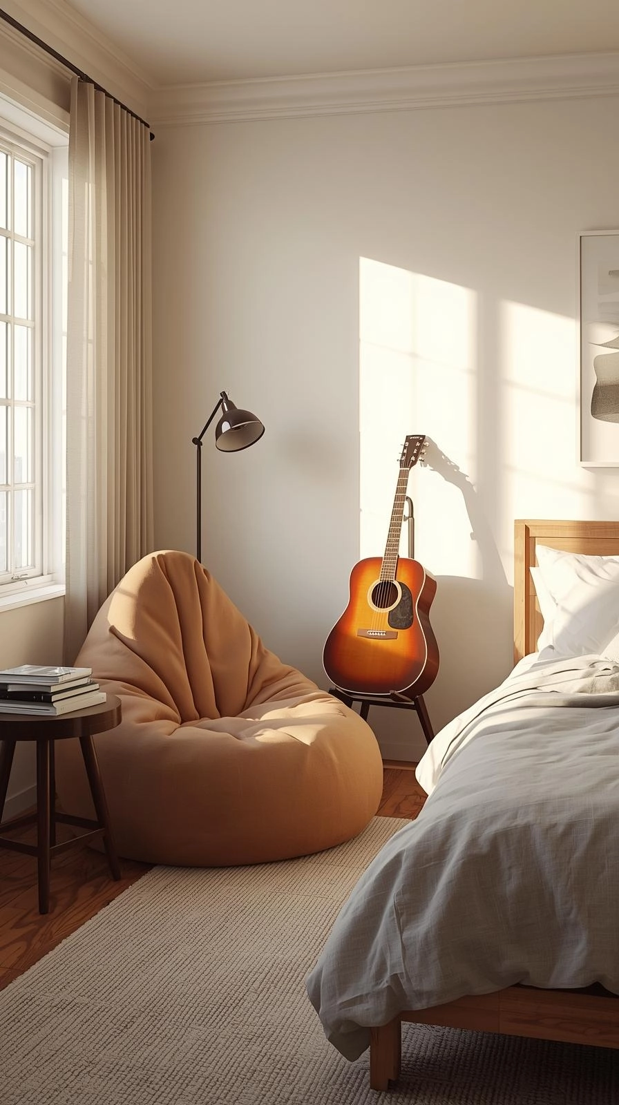 Teen bedroom design with a cozy relaxation corner featuring a beanbag chair, books, and a guitar stand.