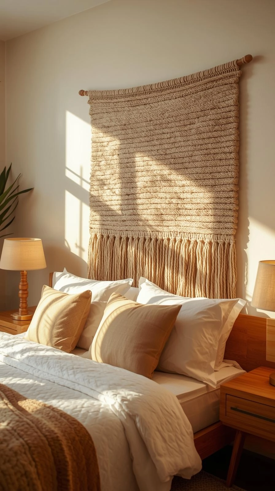 Bedroom with woven textile wall hanging above bed showing warm wall decor ideas for bedroom.