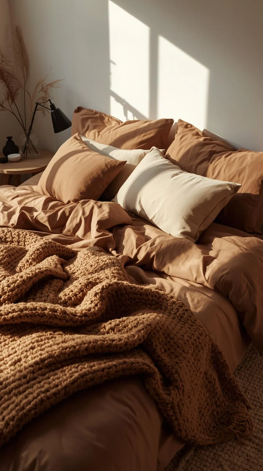 Brown bedding aesthetic with a knit throw, woven pillows, and layered textures for a cozy and inviting bedroom style.