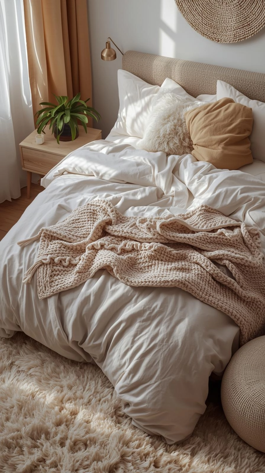 A cozy dorm room with layered textures like soft bedding, a knitted throw, and a fluffy rug showing textured dorm room decoration ideas.
