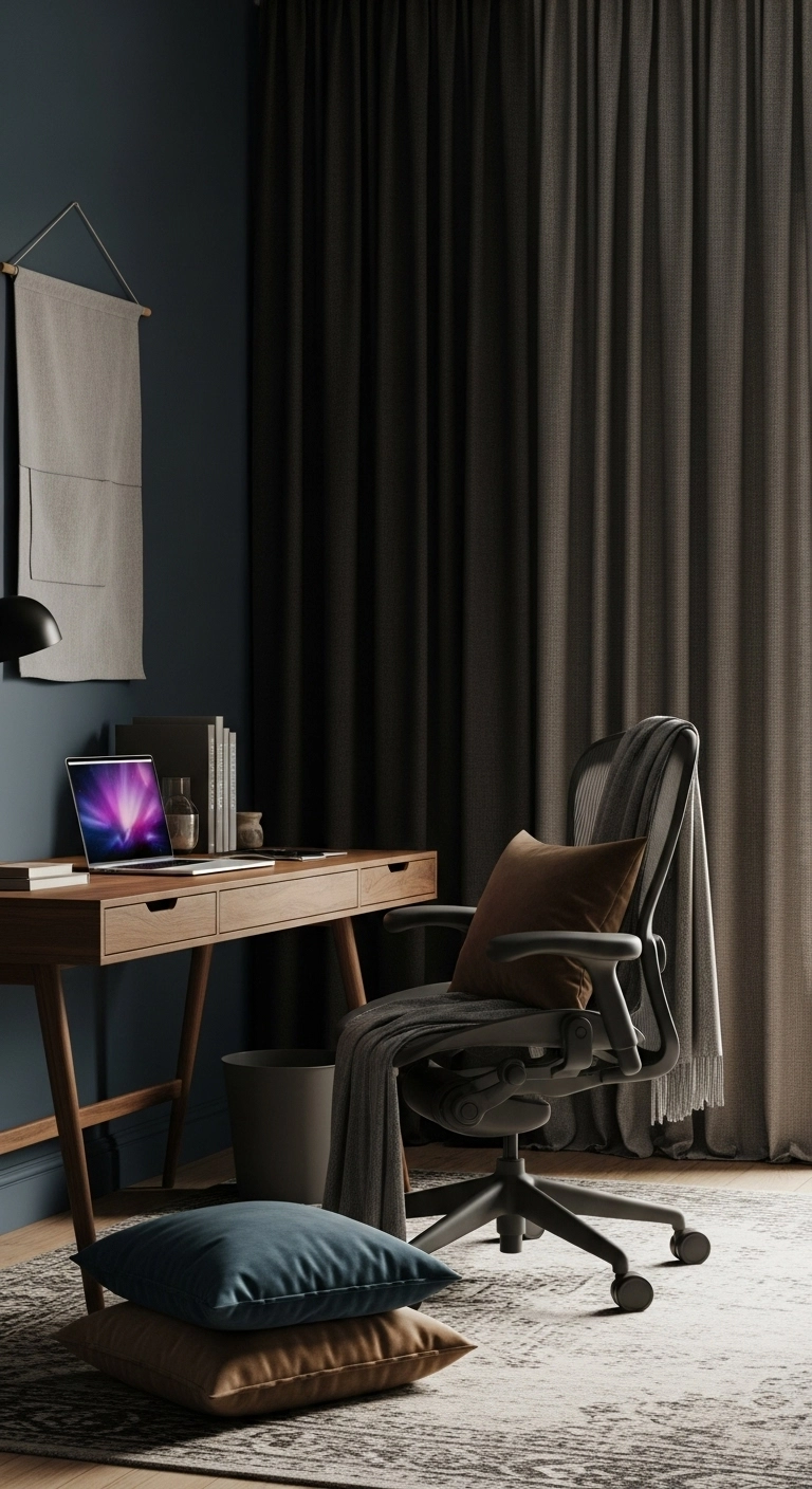 Moody home office with textured fabrics, including a thick rug, velvet cushions, heavy curtains, and a throw for a cozy workspace.