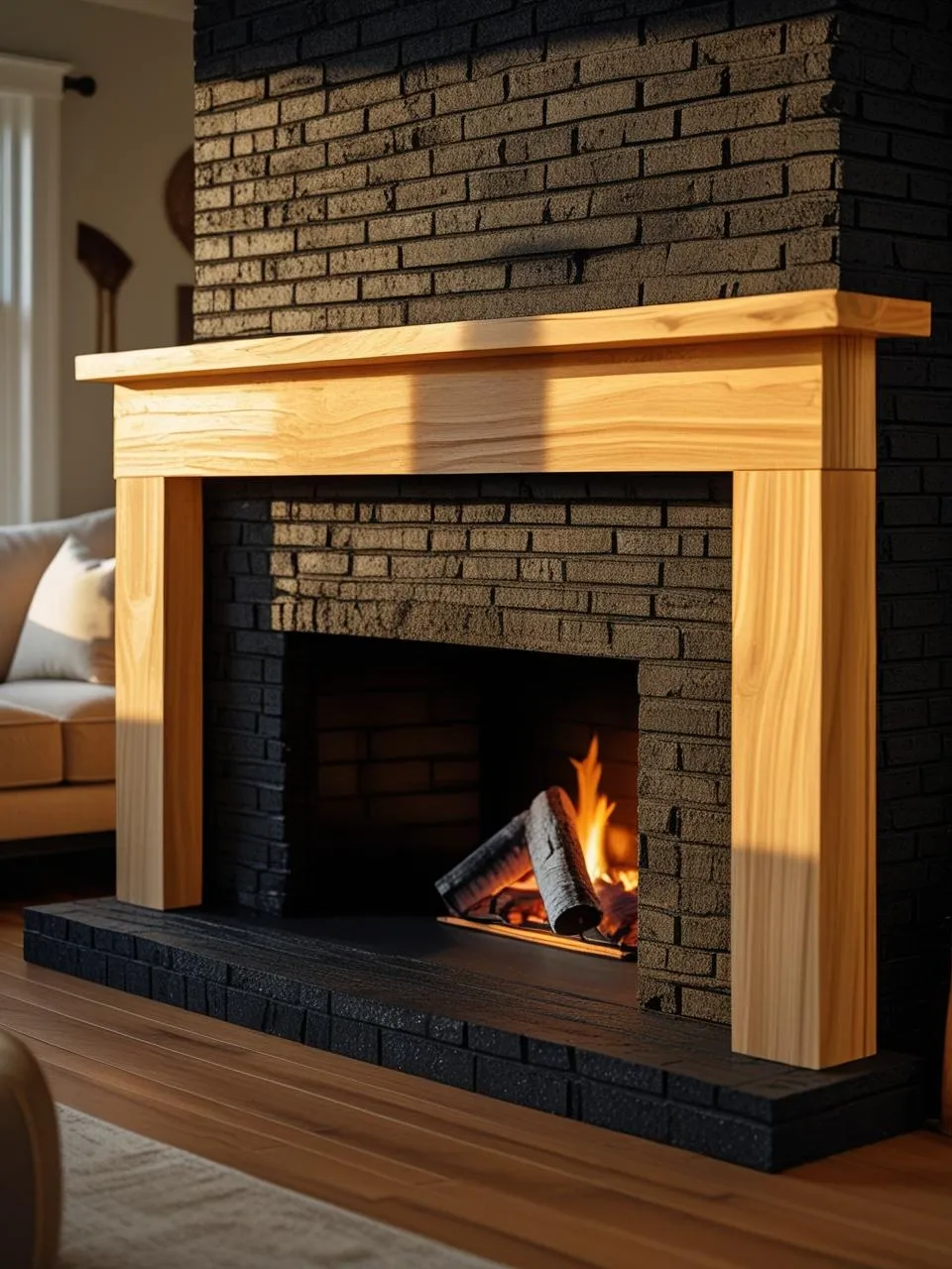 Textured black brick fireplace with natural wood mantel, blending rustic warmth with modern style in a cozy living room.