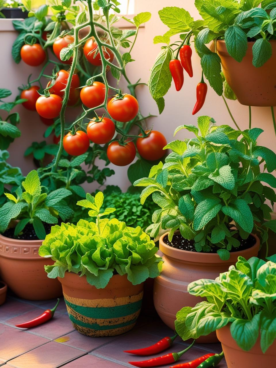 Tomatoes, mint, lettuce, and chilies growing in a thriving terrace garden filled with fresh, edible plants.