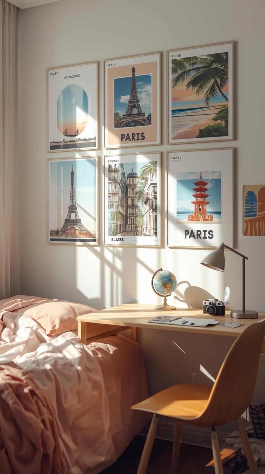 A cozy dorm room decorated with travel posters of Paris and Tokyo, featuring soft lighting and decor that inspires adventure and freedom.