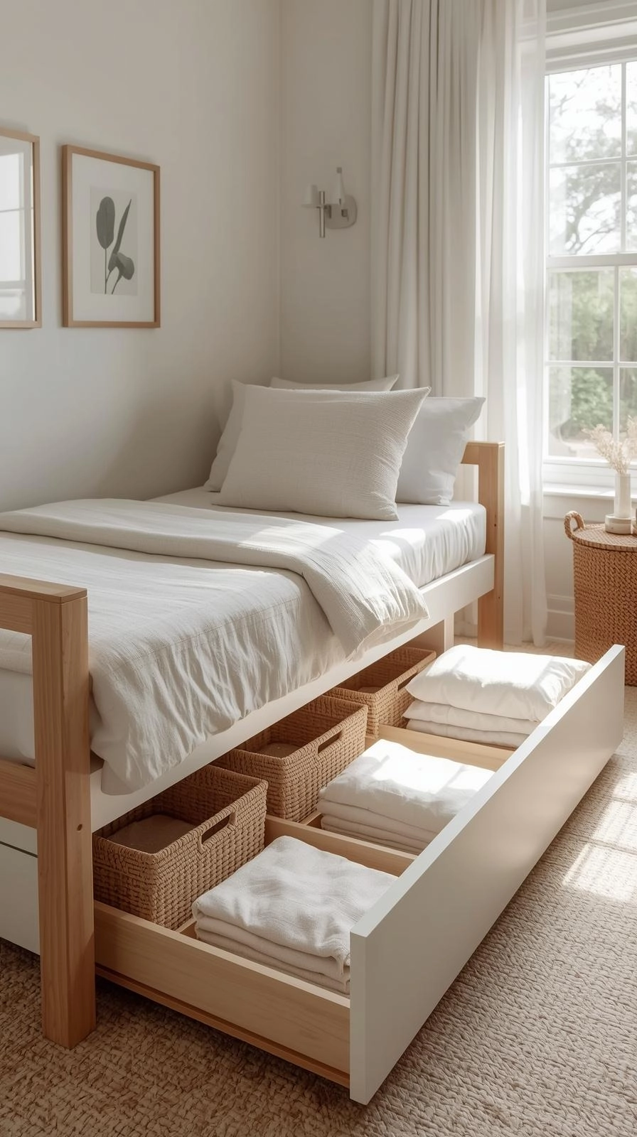 Trundle-style daybed with pull-out lower bed used for storage in a bright, modern guest room.