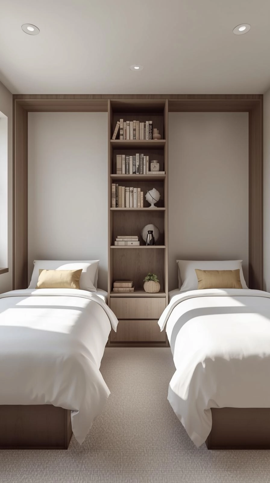 Twin beds in one room ideas with a bookcase divider, adding privacy and storage while keeping the bedroom cohesive.