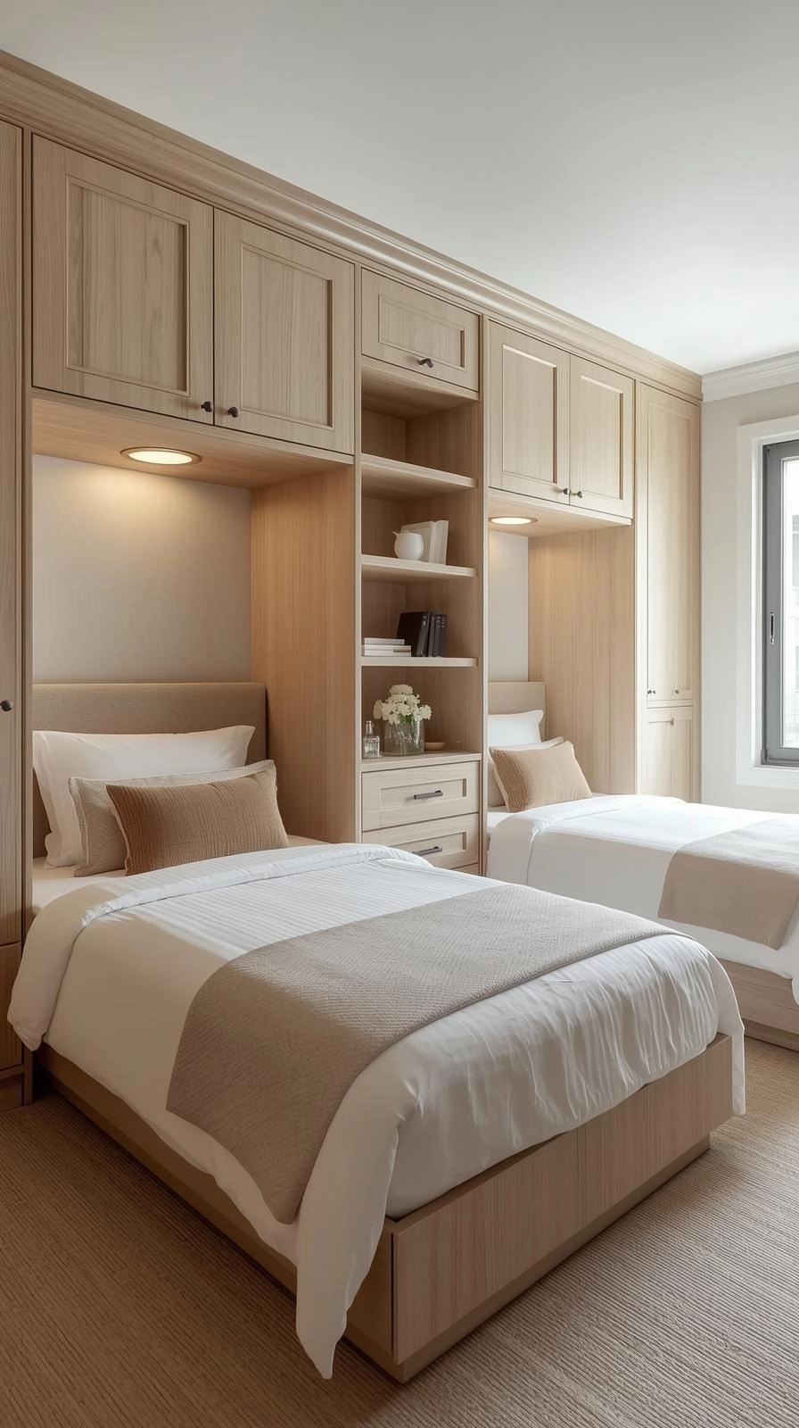 Twin beds in one room ideas with built-in furniture, featuring shelves, cabinets, and lighting for an organized modern bedroom.