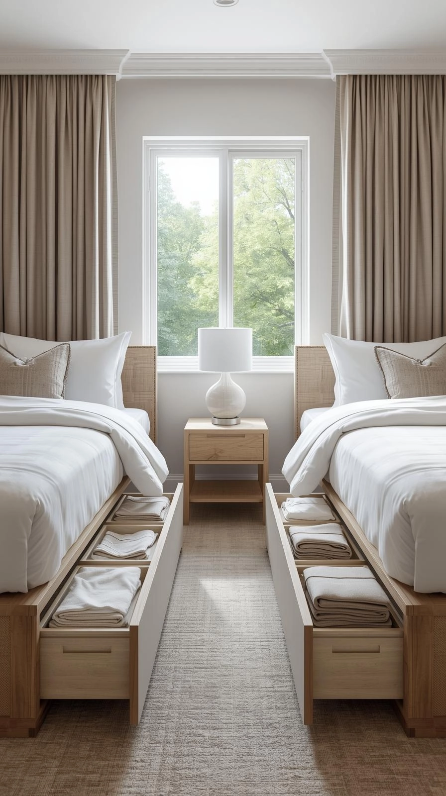 Twin beds in one room ideas with storage underneath, using built-in drawers to keep the shared bedroom neat and organized.