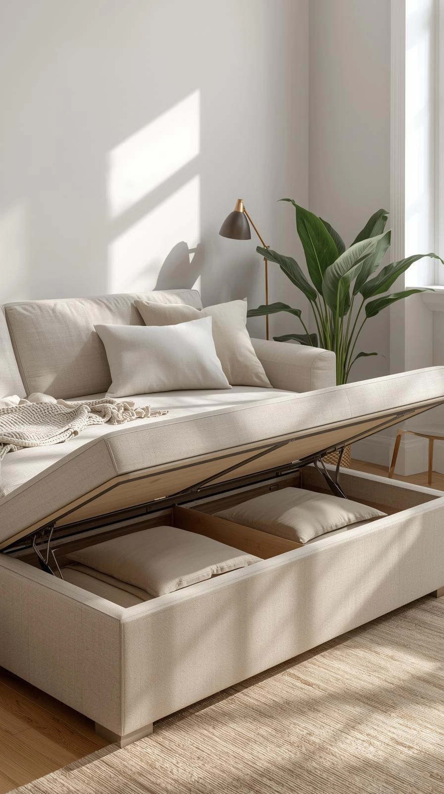 Upholstered daybed with lift-up seat showing hidden storage compartment in a modern living room.