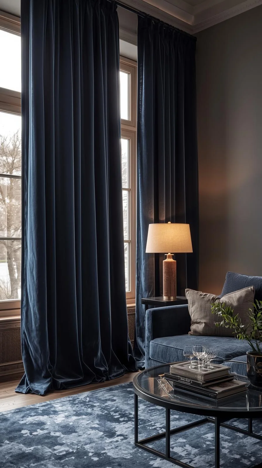 Velvet curtains for living room windows adding elegance, warmth, and rich texture in a modern home.