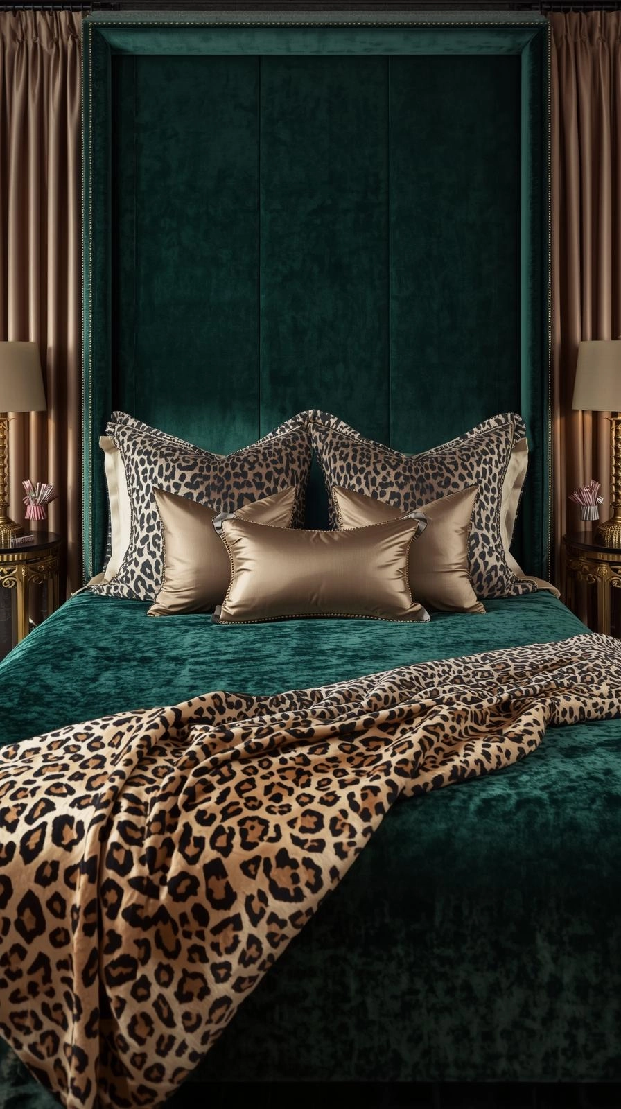 Luxury bedroom with velvet bedspread, silk pillows, and leopard throw showcasing layered leopard room ideas bedrooms.