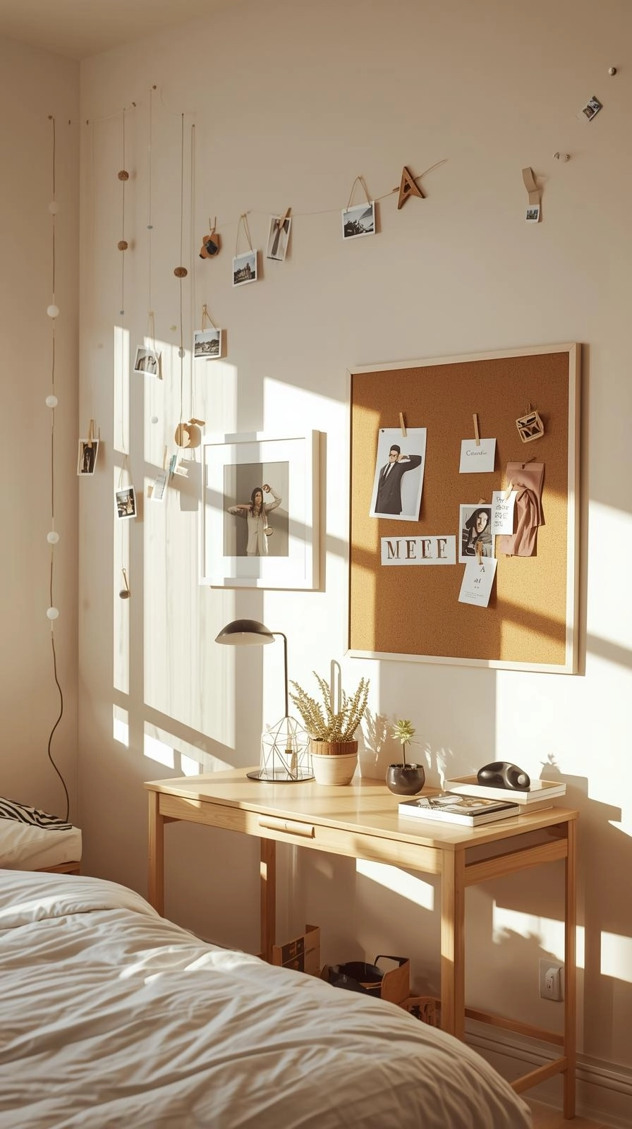 A modern dorm room with photo strings, canvas art, and a corkboard showing creative vertical space dorm room decoration ideas.