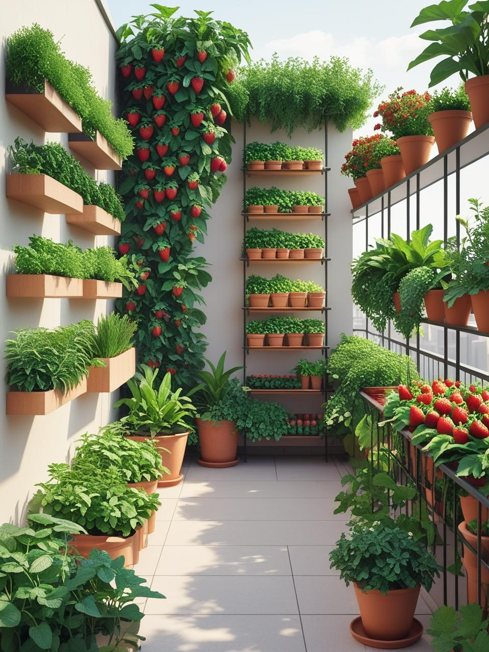 Vertical garden with herbs and vegetables growing in stacked pots on a small thriving terrace garden.