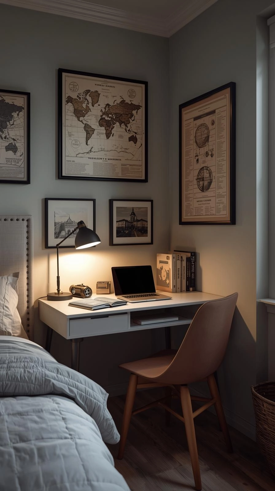 Vintage academic posters in a cozy dorm room study corner with warm lighting and minimalist decor.