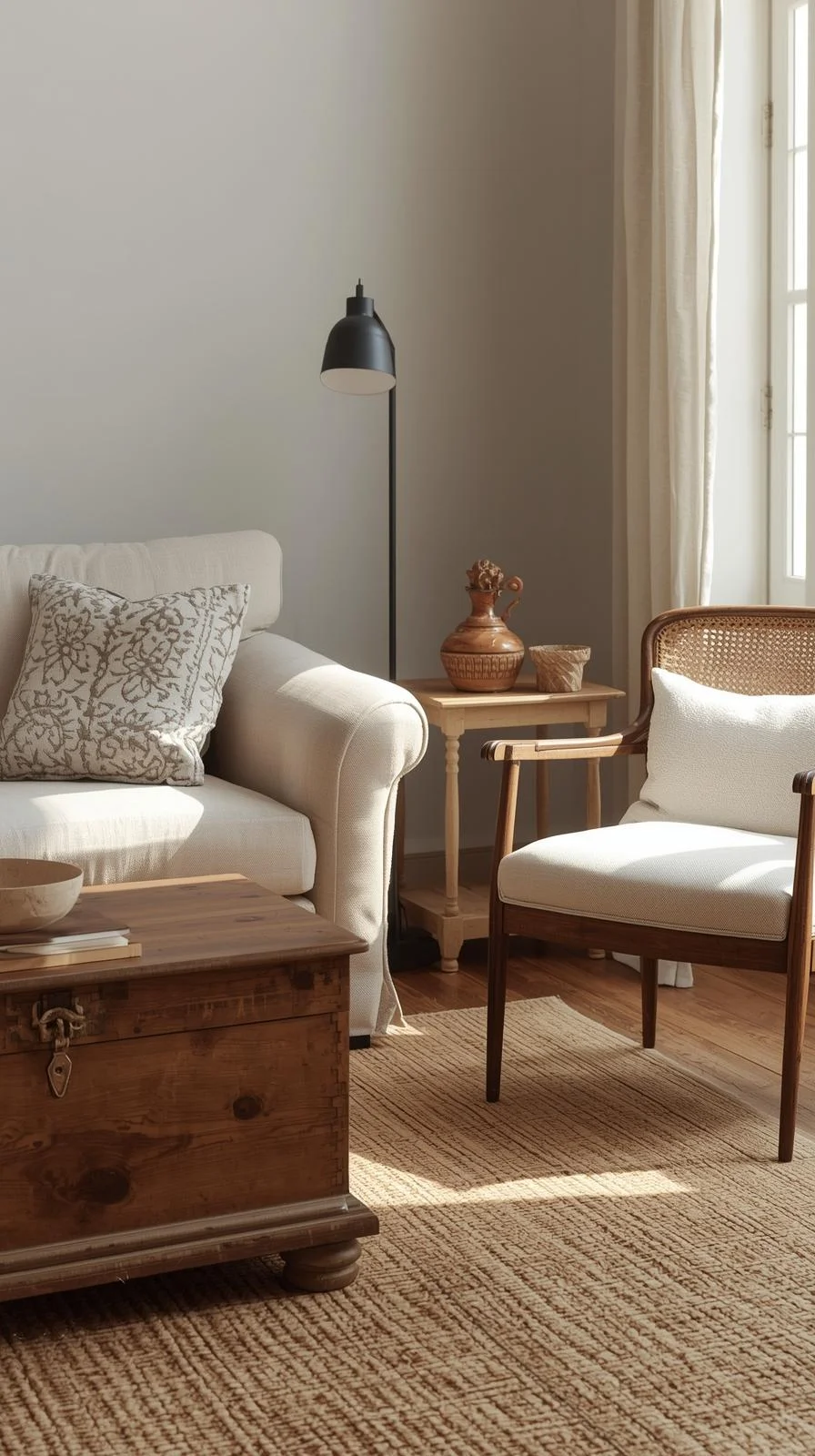 Earthy cottage home decor ideas featuring vintage wooden furniture and handmade ceramic accents.