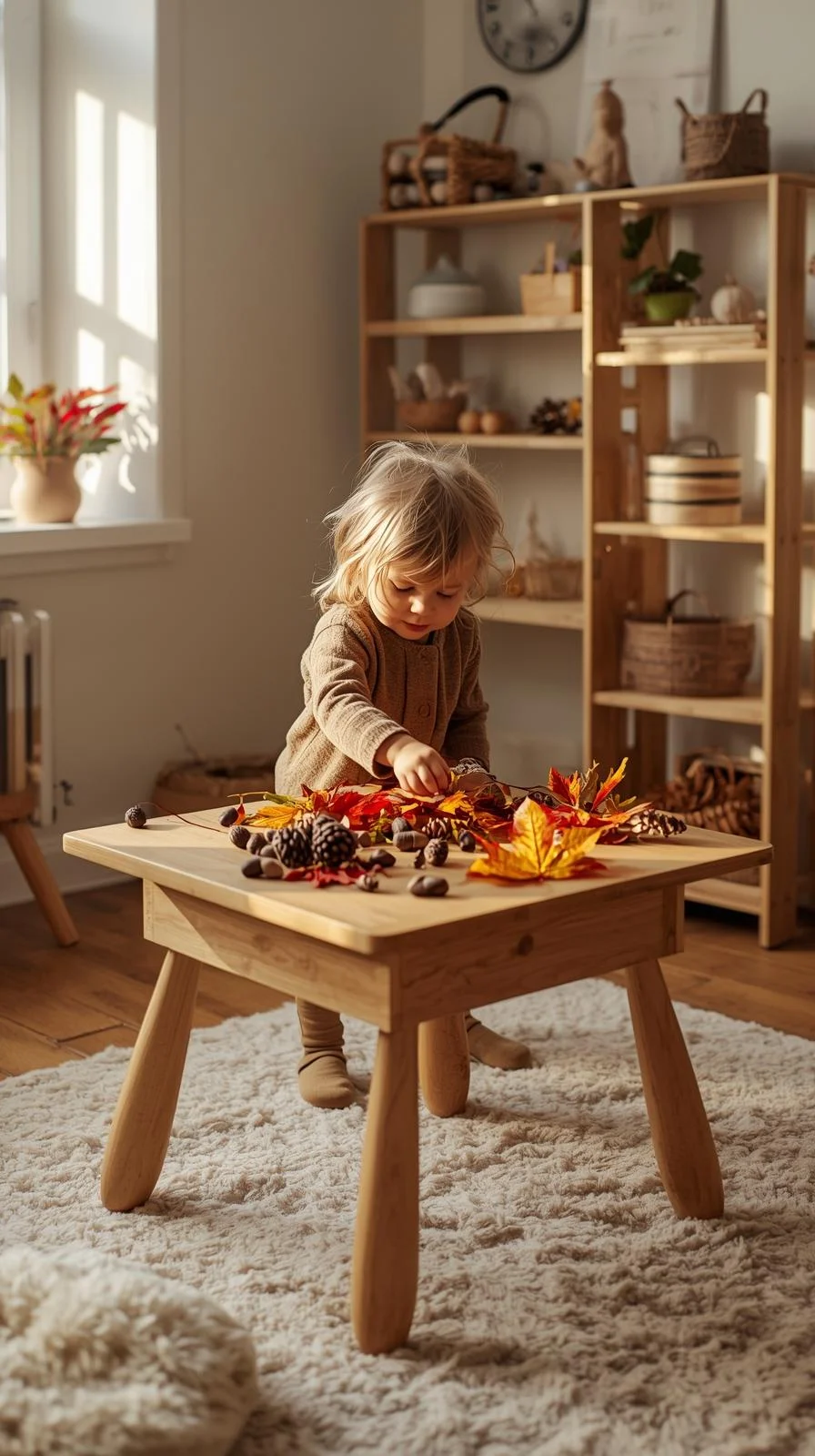Waldorf playroom with a seasonal nature table decorated with acorns, leaves, and pinecones for autumn.