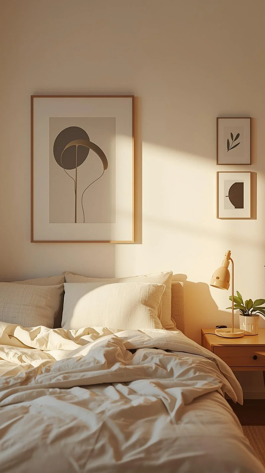 Wall art decor ideas for apartments bedroom with framed artwork above the bed for a personal touch.