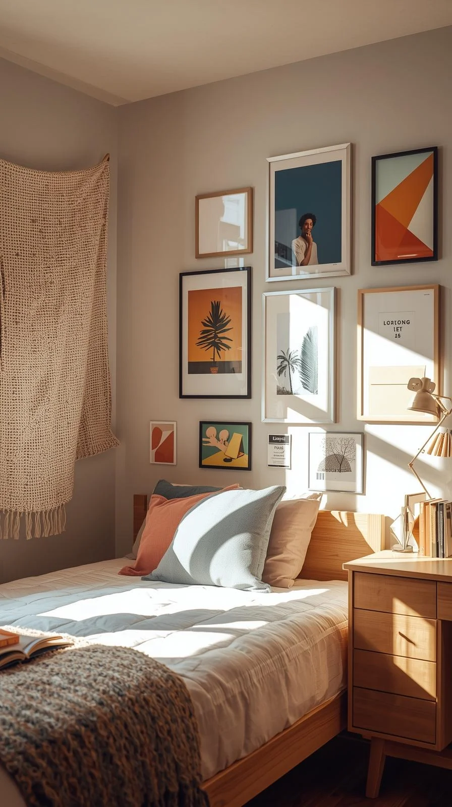 College dorm room decor ideas with framed photos, posters, and a tapestry creating personal wall decor.