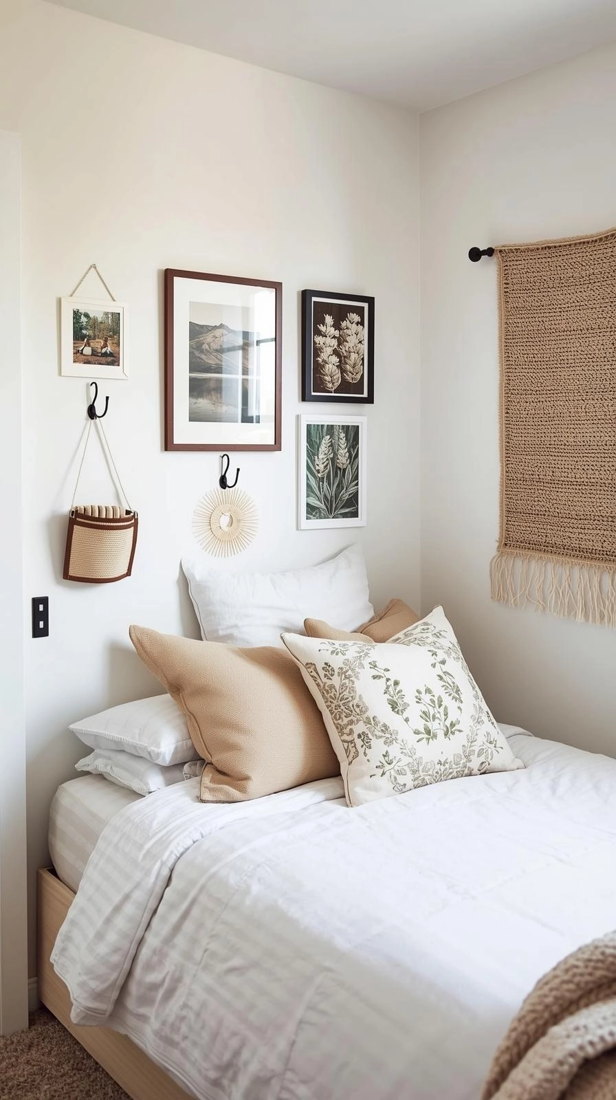 Girls dorm room with removable wall decals, framed photos, and fabric tapestry showing creative dorm wall decor ideas.