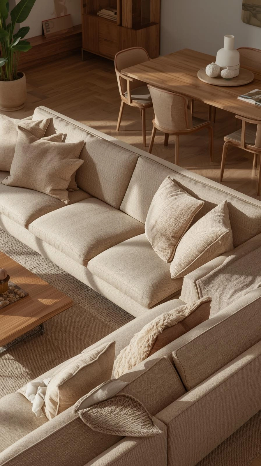 Warm apartment aesthetic with a beige fabric sofa, wooden coffee table, and simple dining furniture in a modern cozy layout.