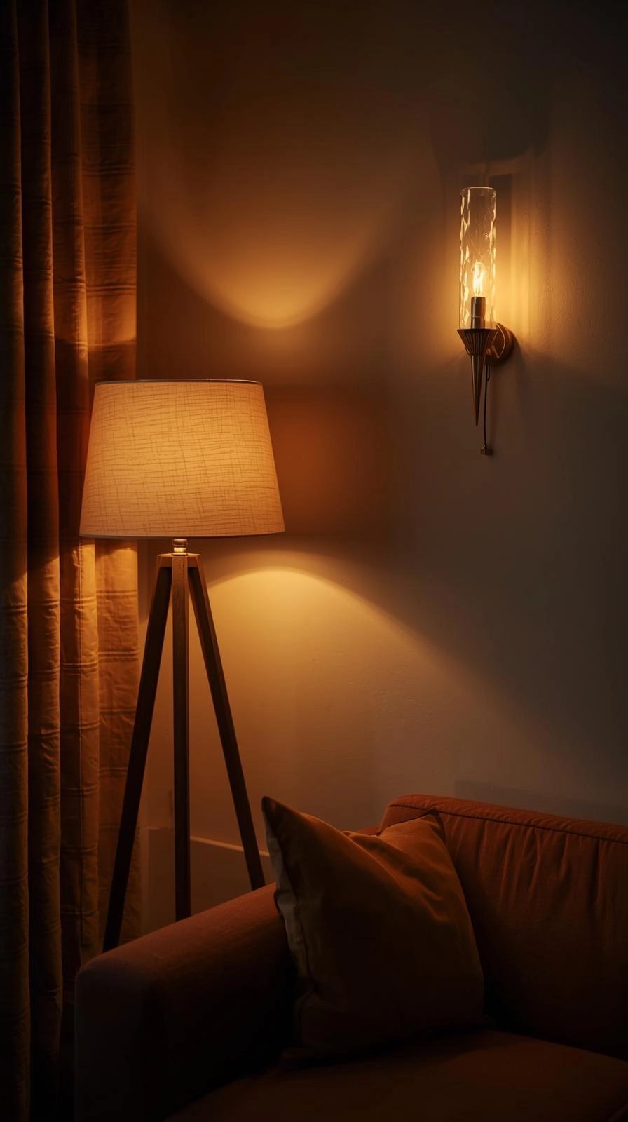 Warm apartment aesthetic with layered lighting fixtures including a floor lamp, pendant light, and wall sconce.