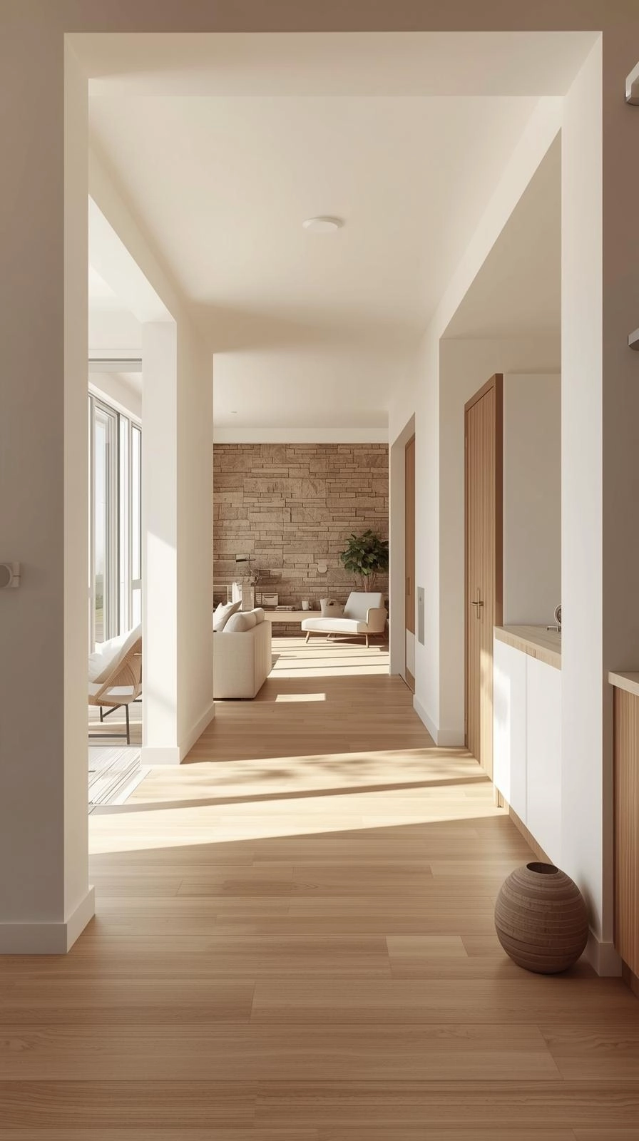 Modern warm apartment aesthetic with wooden floors, creamy white walls, and soft beige accents.