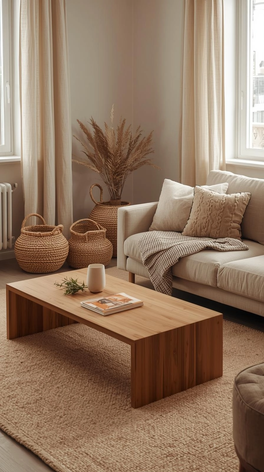 Warm apartment aesthetic with layered textures including a knit blanket, woven baskets, linen curtains, and a textured rug.