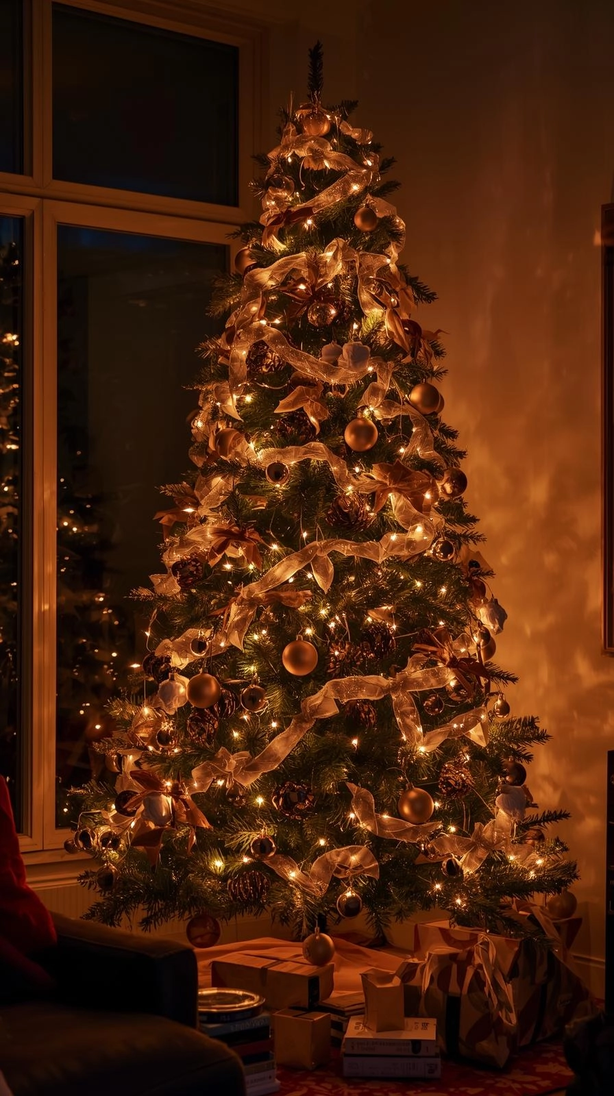 Christmas tree with warm LED lights and dimmer control glowing softly in a cozy modern living room, showing 2025 Christmas tree trends.
