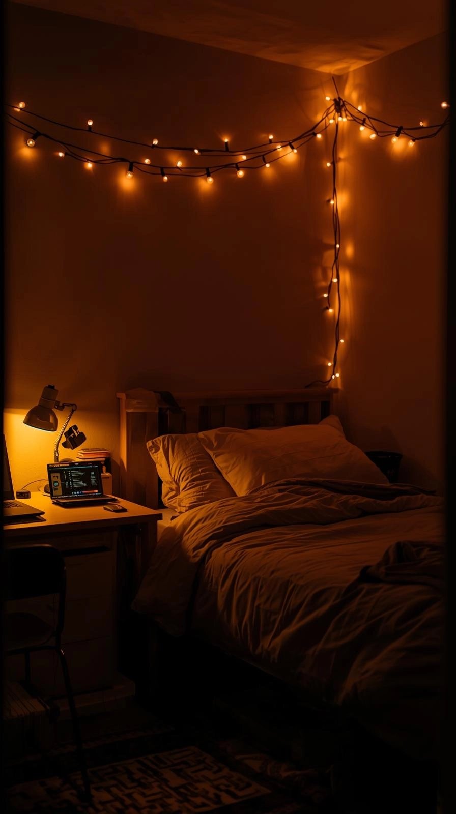 A dorm room with warm lighting from string lights and a desk lamp showing cozy dorm room decoration ideas for better ambiance.