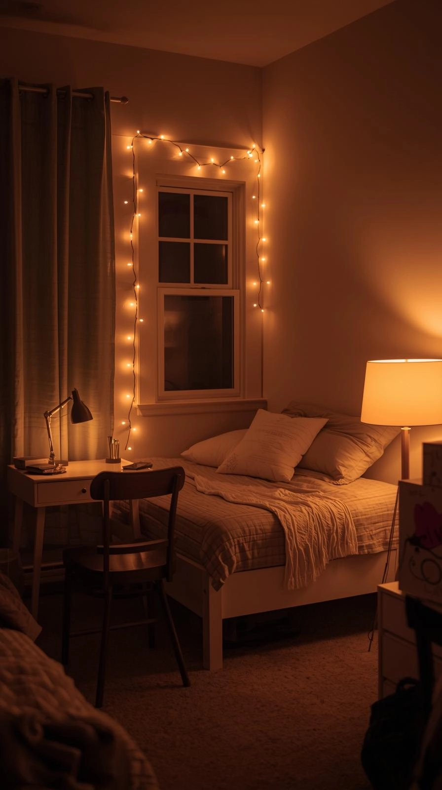 Warmly lit girls dorm room with soft LED string lights, cozy lamp, and gentle evening lighting for a calm dorm setup.