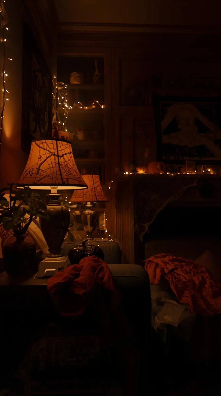 Living room glowing with amber lamps and string lights for cozy spooky season home decor.