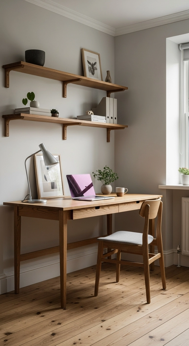 A Scandinavian home office with wood tones, including a wooden desk, shelves, and floorboards creating a warm, calm workspace.