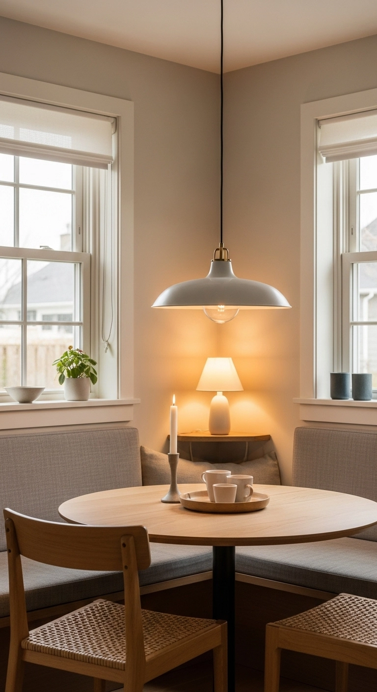 Warm lighting over a corner dining nook with a pendant light and natural daylight.
