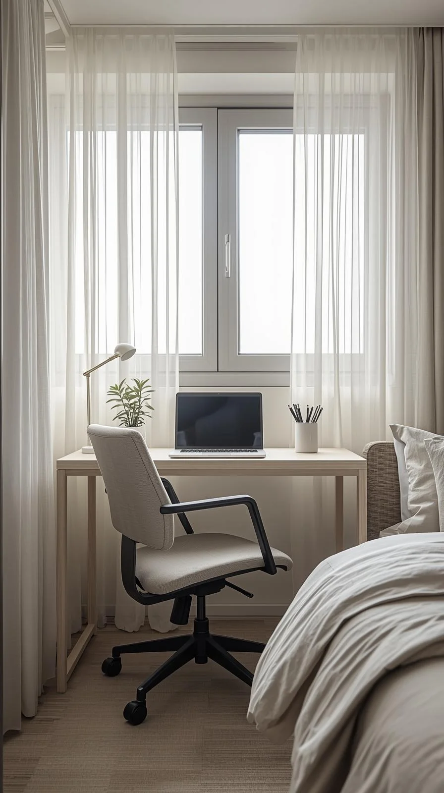 Small bedroom with a desk under the window, showing natural light workspace as part of office bedroom combo ideas.
