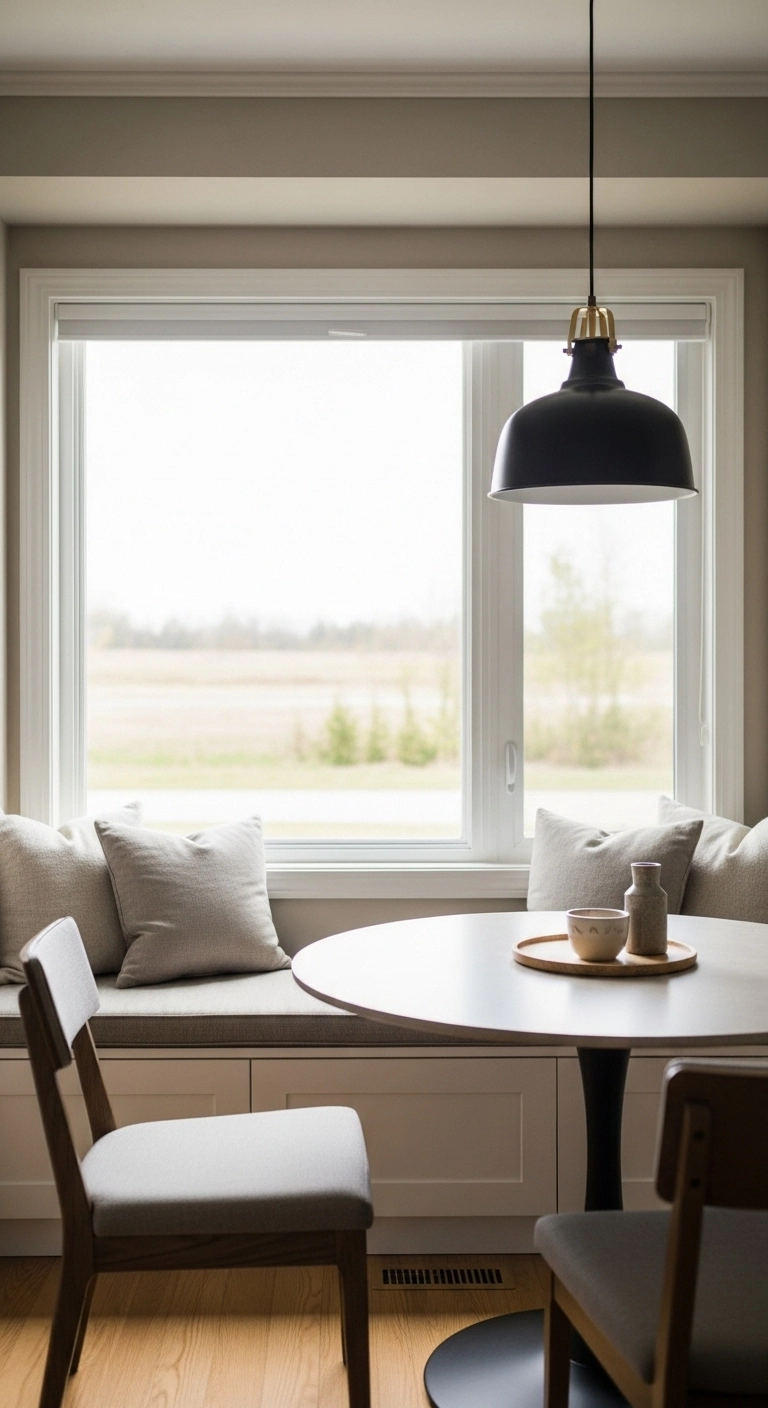 Corner dining nook with a window seat bench and natural daylight coming through the window.