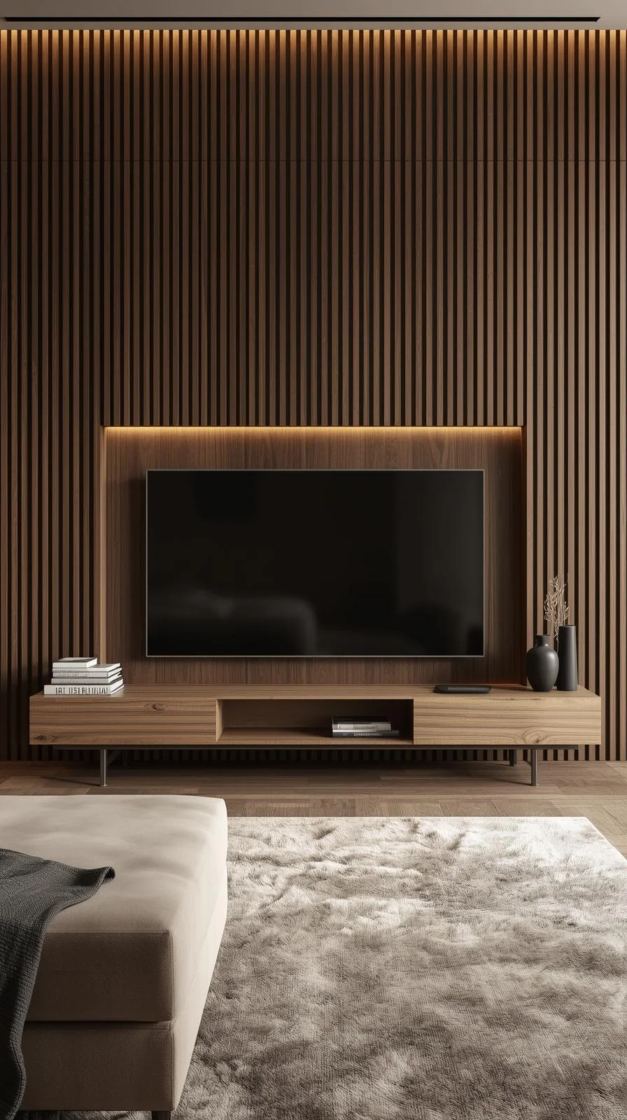 Large TV framed with wood paneling in a modern living room for a warm and stylish wall design.