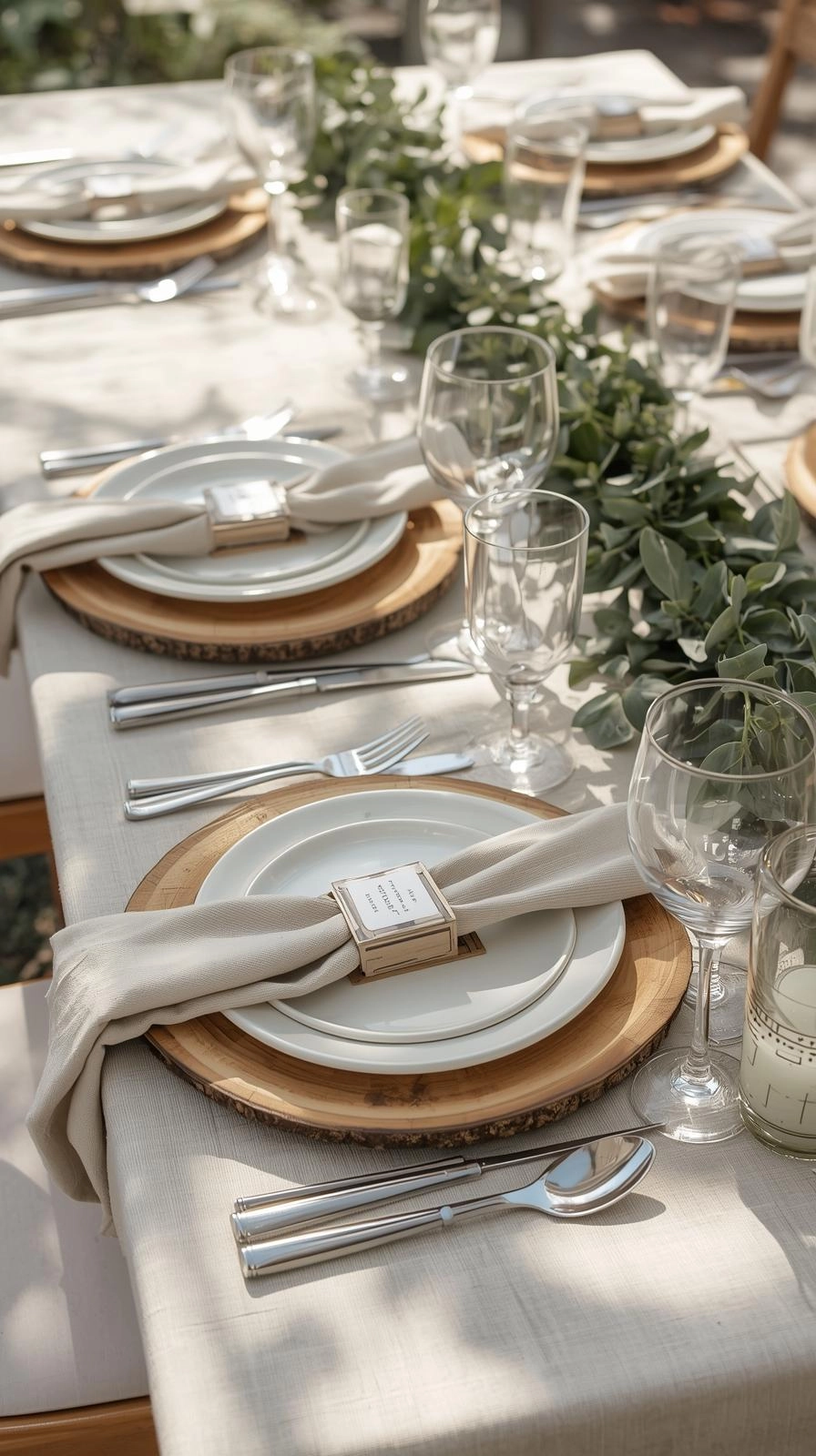 Fun natural table settings ideas with rustic wooden chargers, white plates, and greenery for a warm and inviting dining setup.
