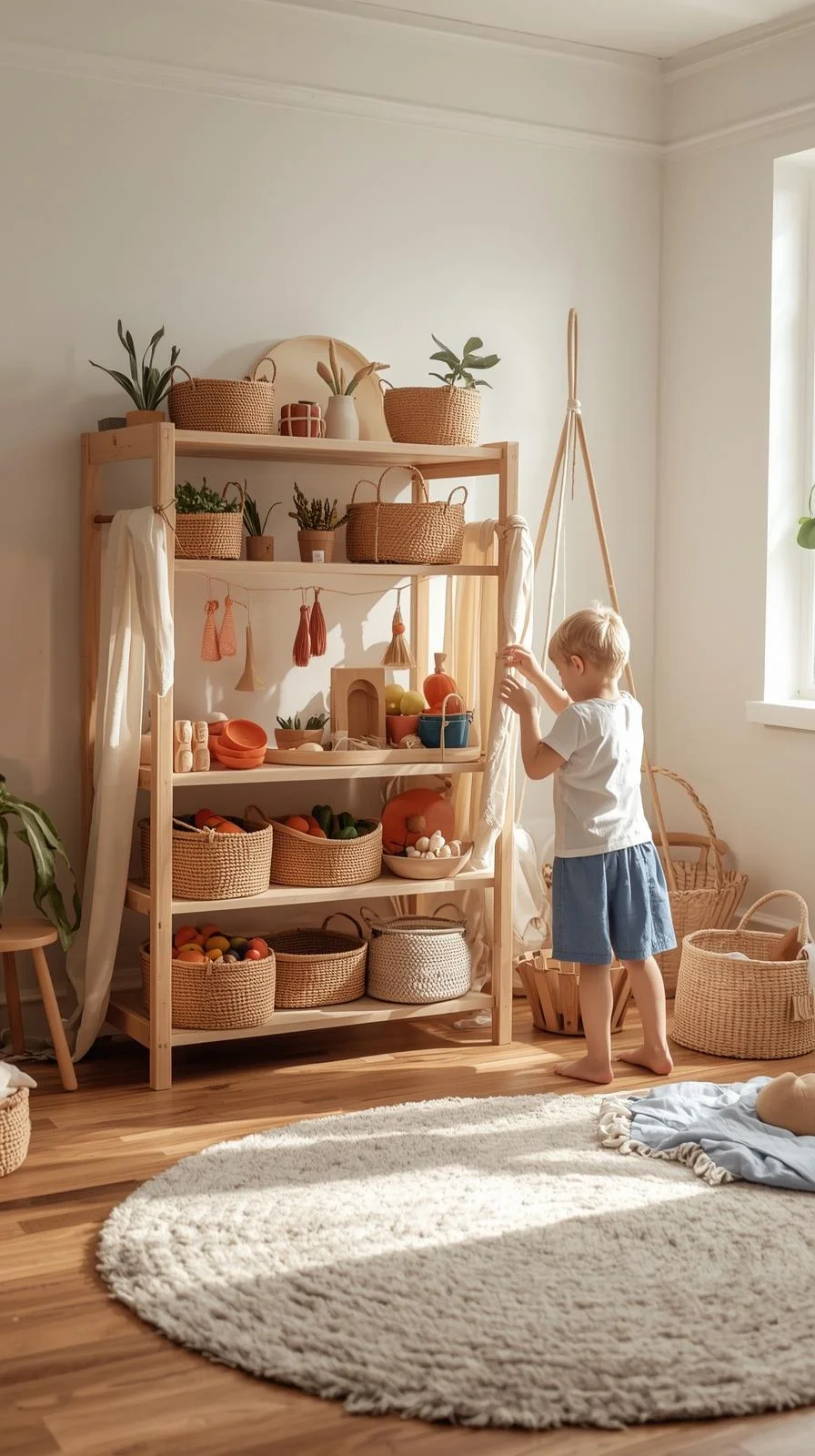 Waldorf playroom with wooden playstand used as a market stall, showing open-ended play setup.